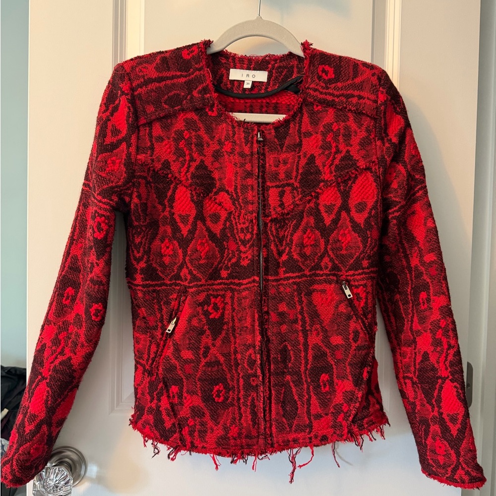 IRO Red and Black Ikat Women's Collarless Blazer, Size 36